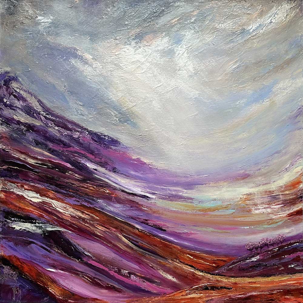 Framed original semi-abstract landscape painting - Calling Light by Jayne Leighton Herd. 