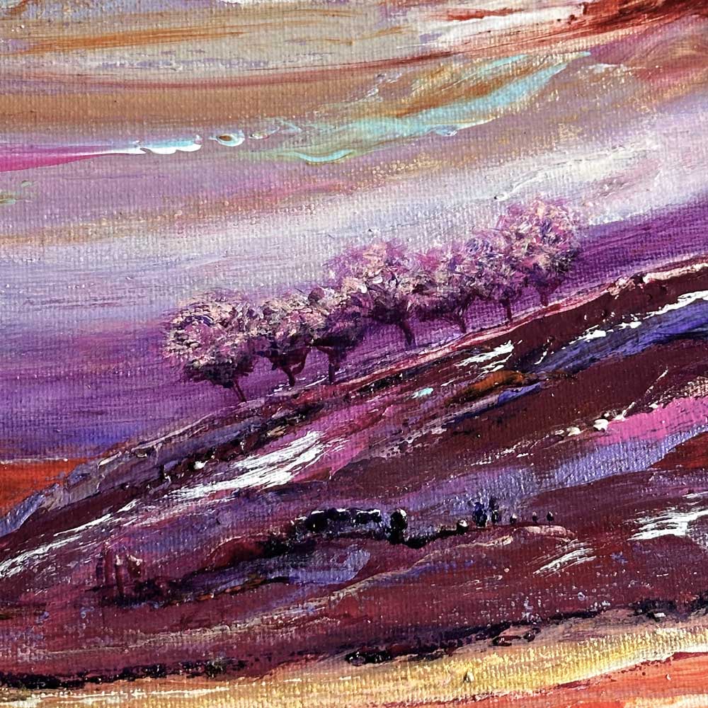 Close-up section from an original semi-abstract Scottish landscape painting - Calling Light by British artist Jayne Leighton Herd.