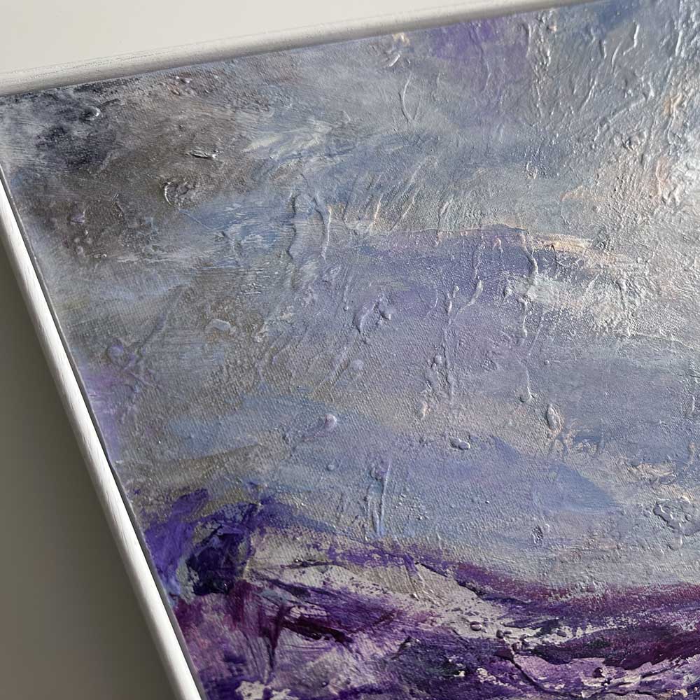 Close-up section from an original semi-abstract Scottish landscape painting - Calling Light by British artist Jayne Leighton Herd.