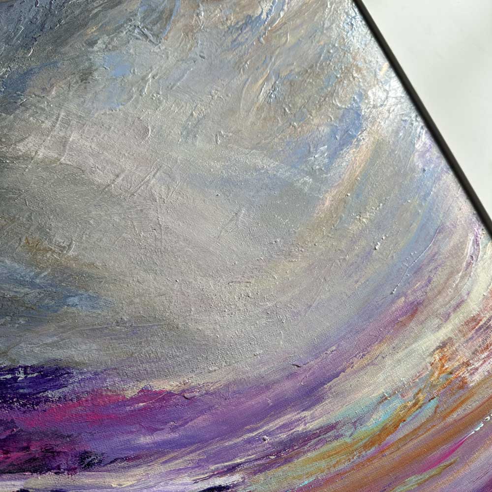 Close-up section from an original semi-abstract Scottish landscape painting - Calling Light by British artist Jayne Leighton Herd.
