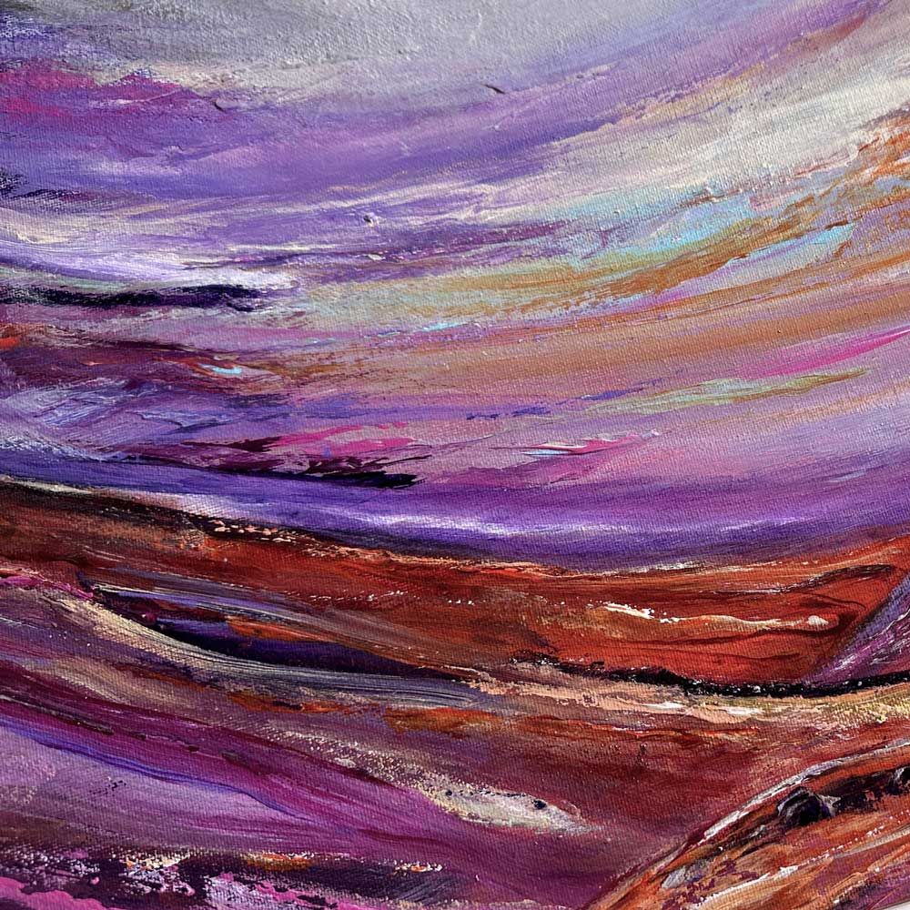 Close-up section from an original semi-abstract Scottish landscape painting - Calling Light by British artist Jayne Leighton Herd.