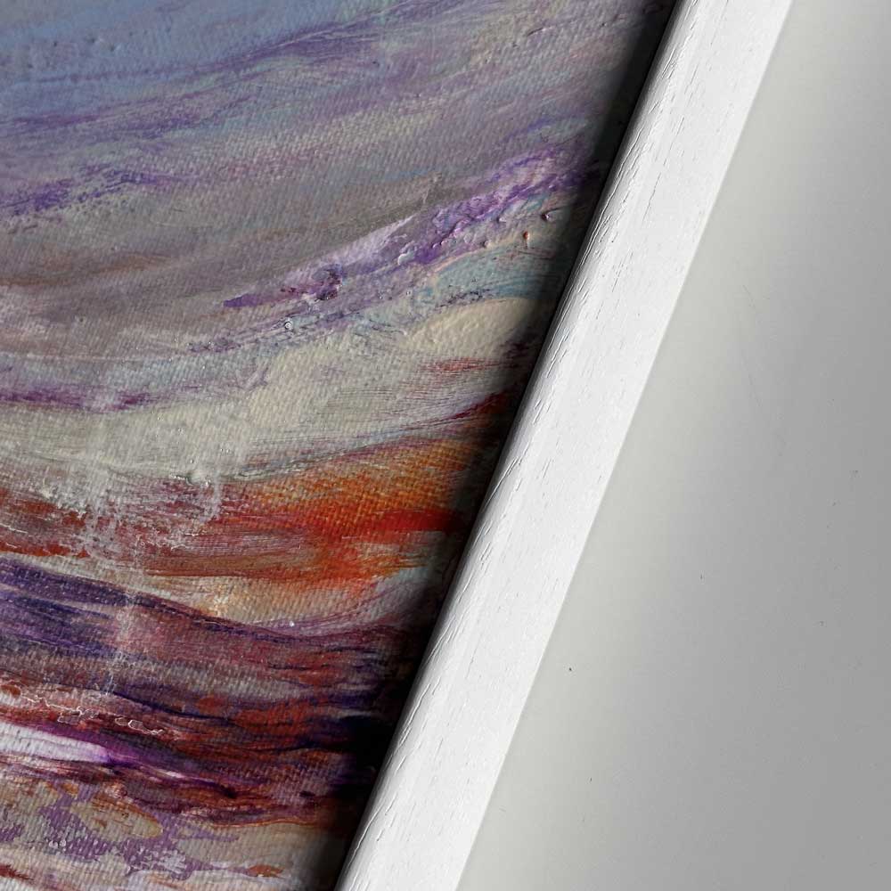 Close-up of the frame on an original semi-abstract Scottish landscape painting - Calling Light by British artist Jayne Leighton Herd.
