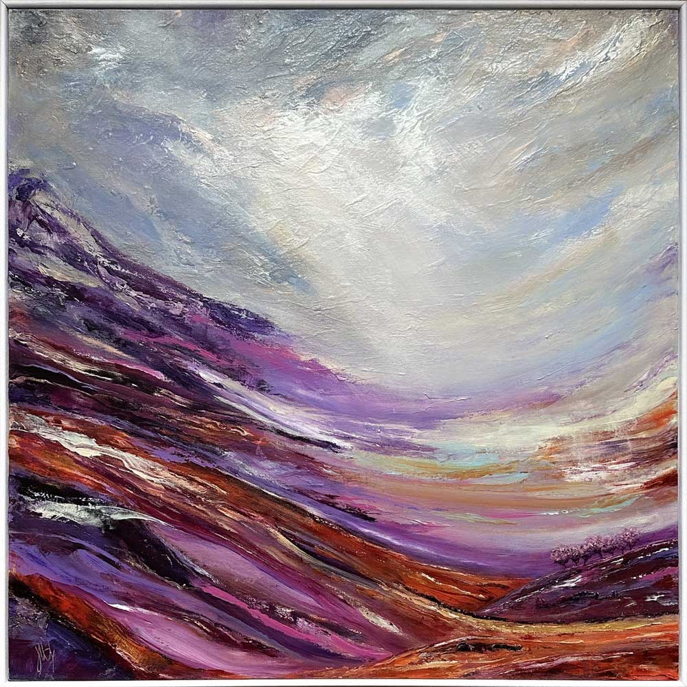 Framed original semi-abstract landscape painting - Calling Light by Jayne Leighton Herd. A beautiful evocative artwork perfect for living and work spaces.