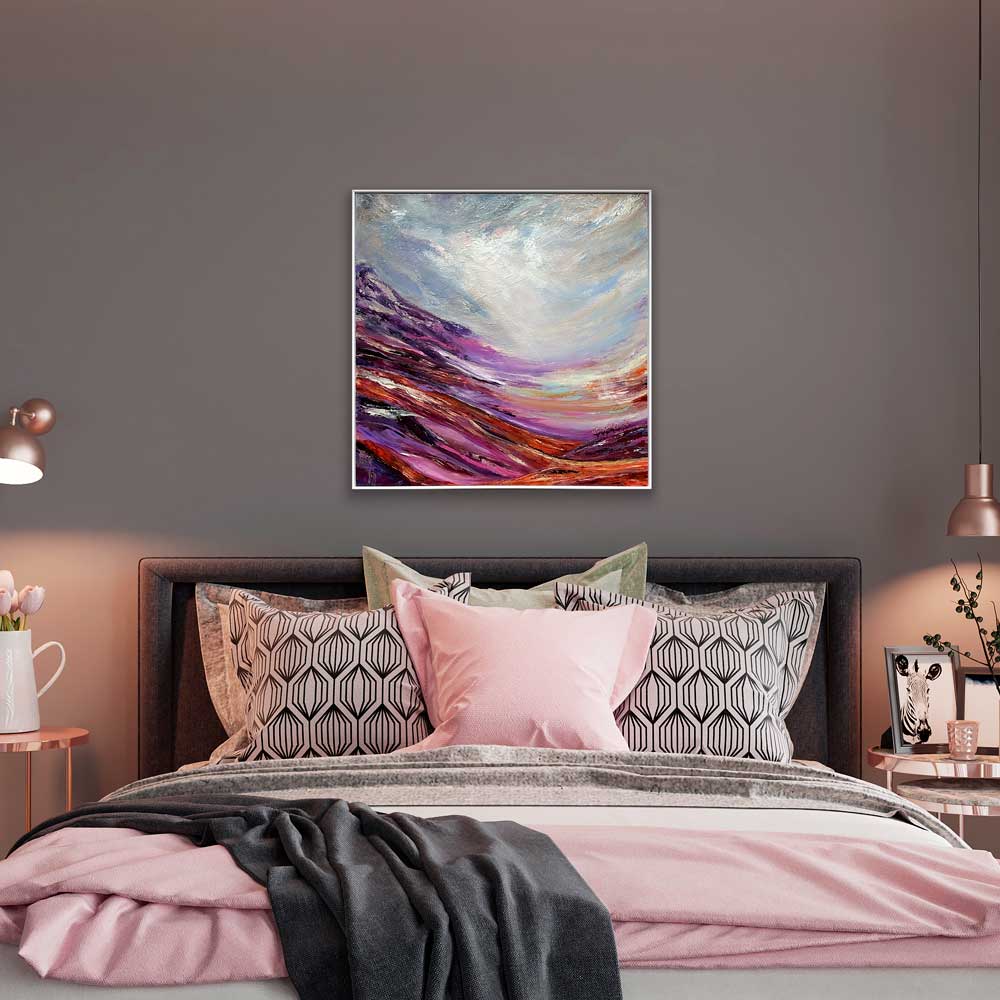 Framed original semi-abstract landscape painting - Calling Light by Jayne Leighton Herd. A beautiful evocative artwork perfect for bedrooms.