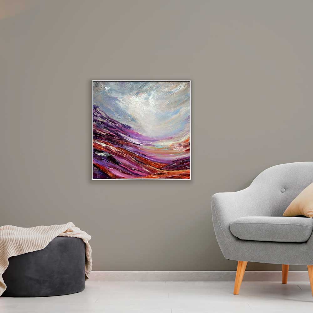 Framed original semi-abstract landscape painting - Calling Light by Jayne Leighton Herd. A beautiful evocative artwork perfect for living and work spaces.