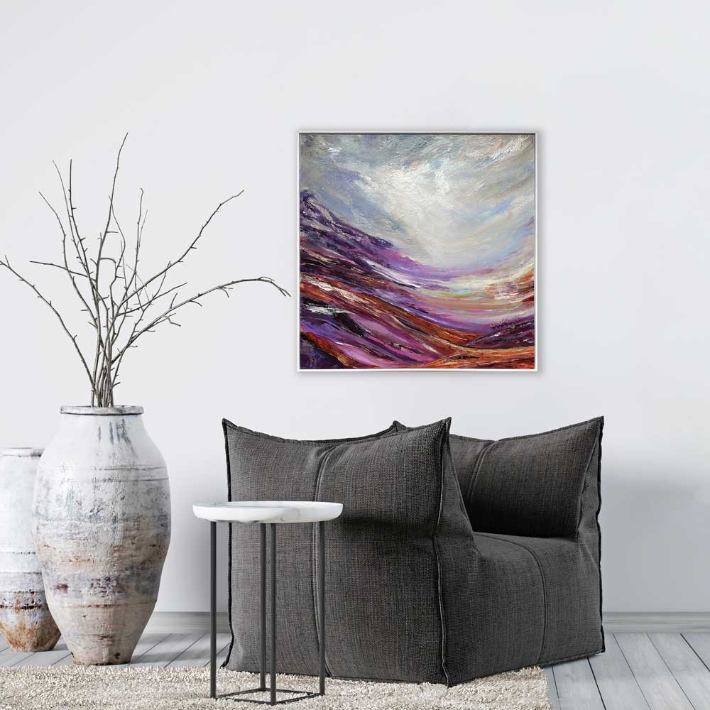 Framed original semi-abstract landscape painting - Calling Light by Jayne Leighton Herd. A beautiful evocative artwork perfect for living spaces.