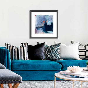 Dream Blue square blue & orange abstract fine art print by Jayne Leighton Herd. Artwork for living rooms.