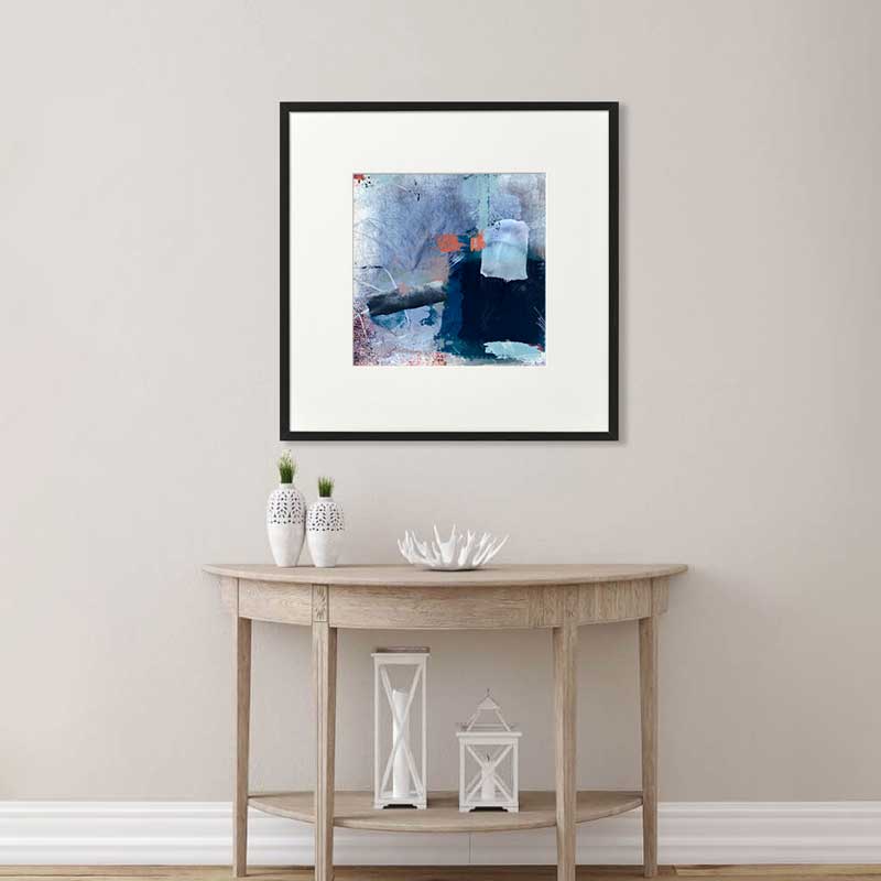 Dream Blue square blue & orange abstract fine art print by Jayne Leighton Herd. Ideal art for living spaces.