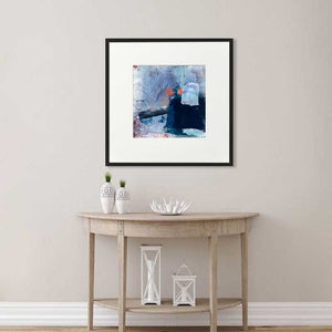 Dream Blue square blue & orange abstract fine art print by Jayne Leighton Herd. Ideal art for living spaces.