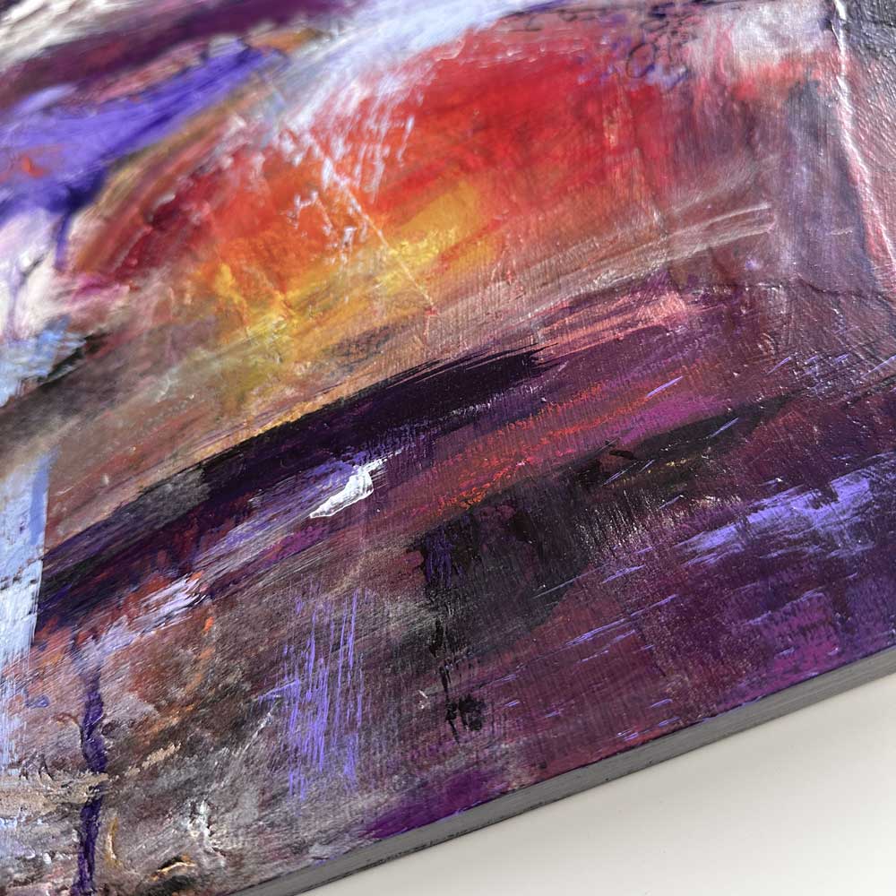 Close-up section from an original semi-abstract Scottish landscape painting - Light Beyond by British artist Jayne Leighton Herd.