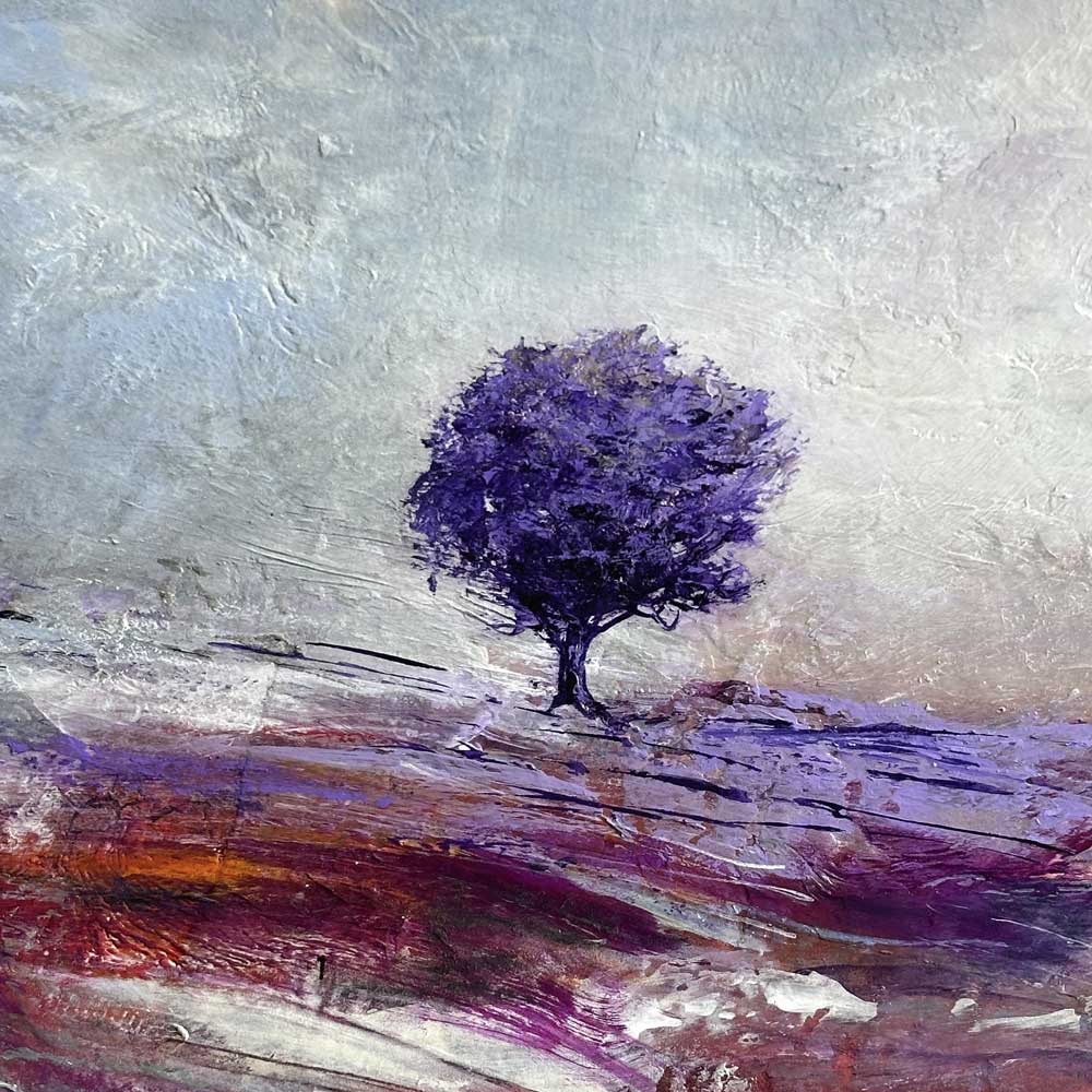 Close-up section from an original semi-abstract Scottish landscape painting - Light Beyond by British artist Jayne Leighton Herd.