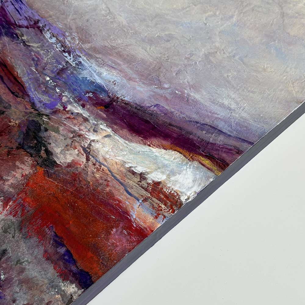 Close-up section from an original semi-abstract Scottish landscape painting - Light Beyond by British artist Jayne Leighton Herd.