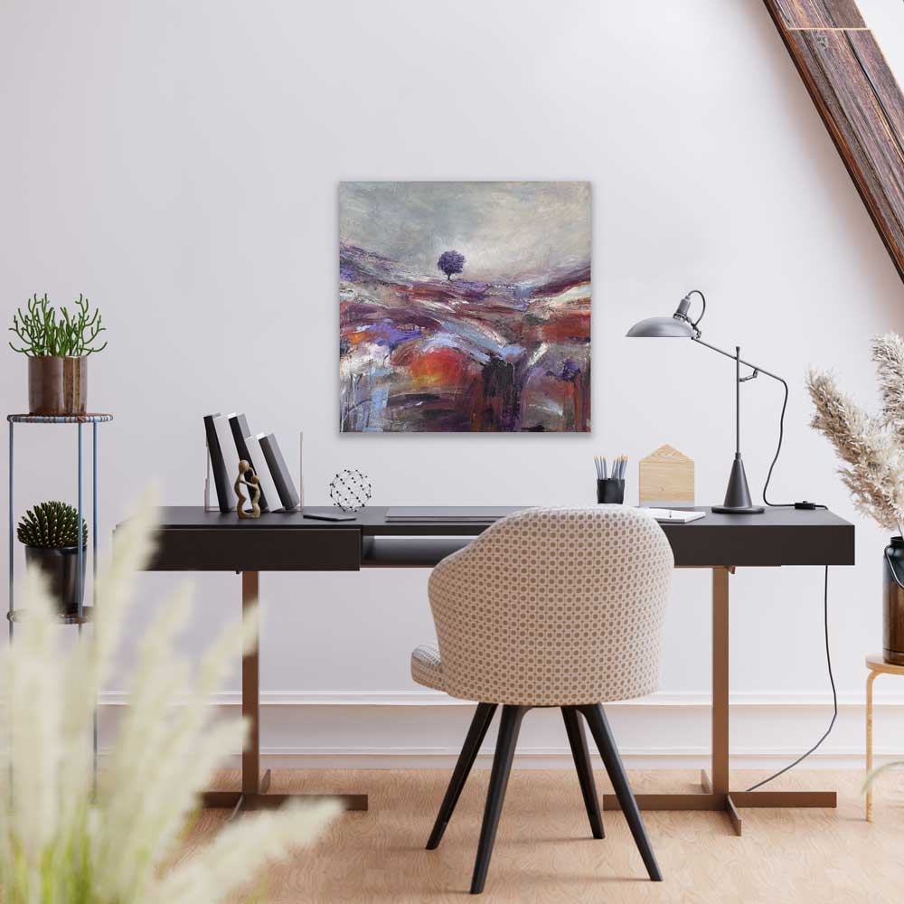 Original semi-abstract landscape painting on cradled wood panel - Light Beyond by Jayne Leighton Herd. A statement artwork perfect for offices and home work spaces.
