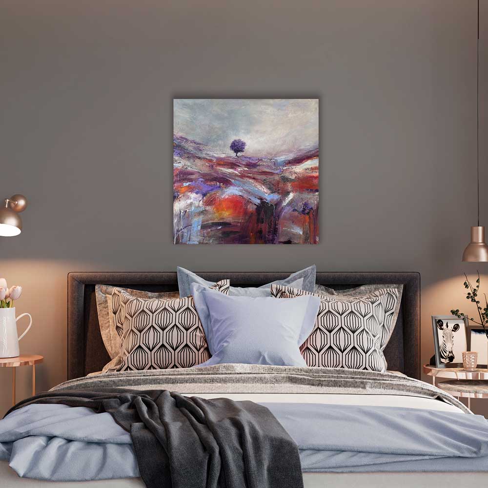 Original semi-abstract landscape painting on cradled wood panel - Light Beyond by Jayne Leighton Herd. A statement artwork perfect for bedroom walls.