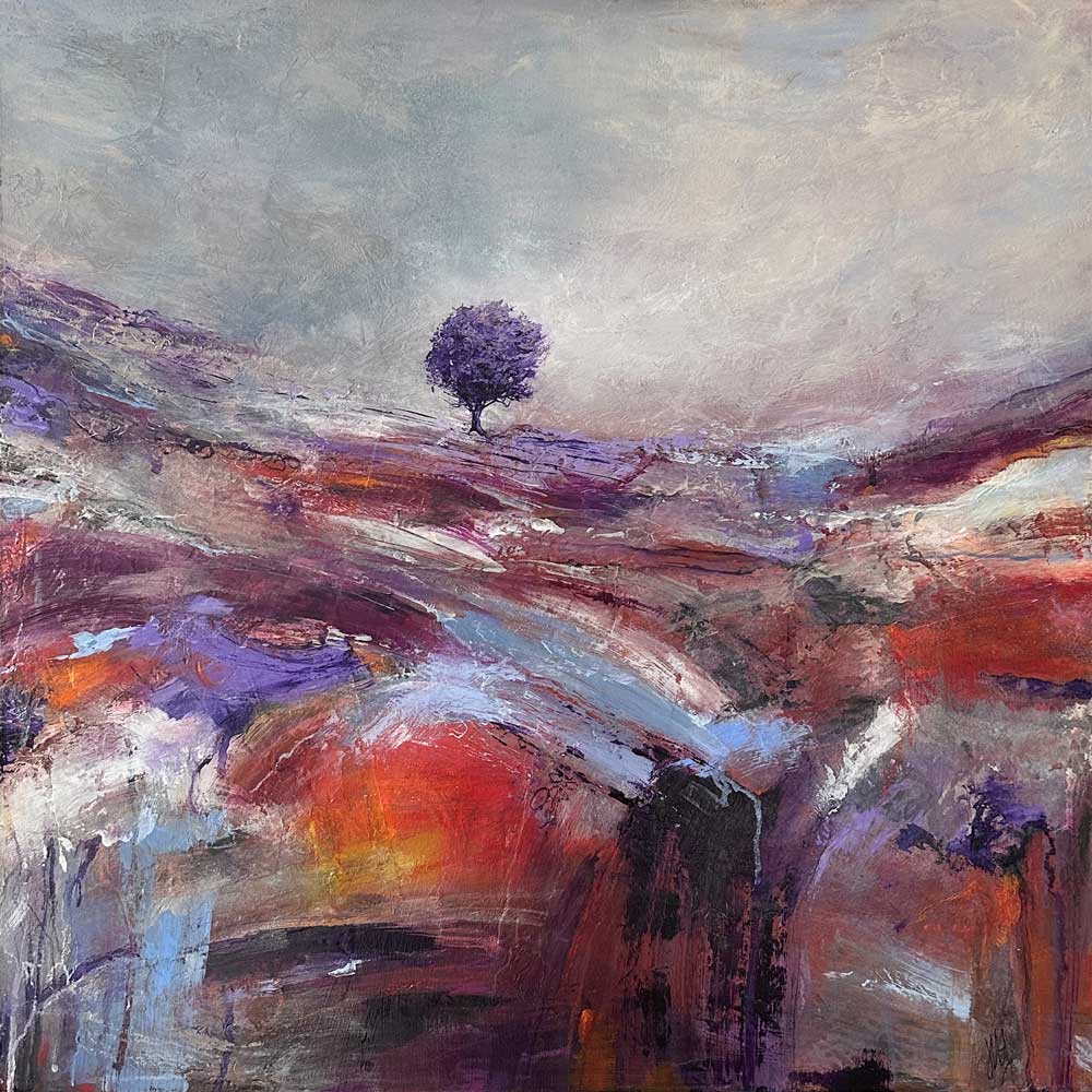 Purple original semi-abstract landscape painting on cradled wood panel - Light Beyond by Jayne Leighton Herd.