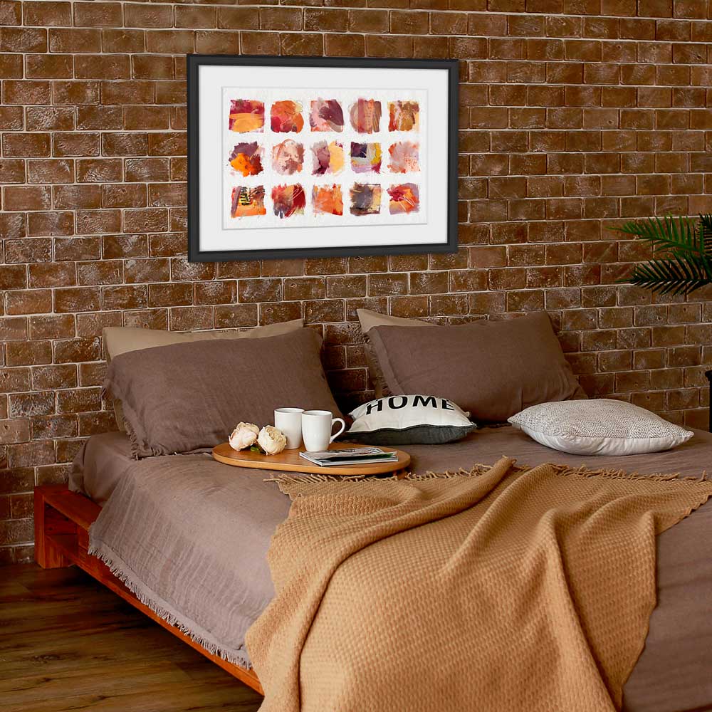 Little Squares of Autumn Warmth art print by Jayne Leighton Herd. 15 miniature red, orange and yellow abstract paintings in one artwork perfect for living and bedroom walls or office walls.