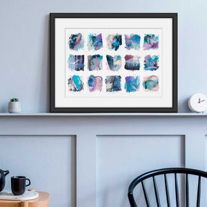 Little Squares of Blue Delight art print by Jayne Leighton Herd. 15 miniature blue abstract paintings in one artwork perfect for living and bedroom walls or offices.