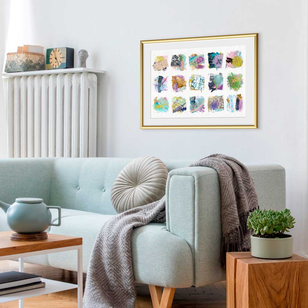 Little Squares of Spring Emotion art print by Jayne Leighton Herd. 15 miniature green & lavender abstract paintings in one artwork perfect for living and bedroom walls or offices.  