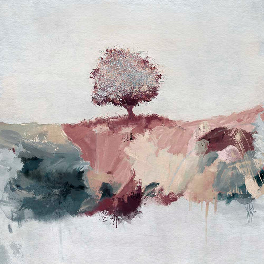Red, pink & green landscape painting - serene blossom tree art - Morning Melody by Jayne Leighton Herd