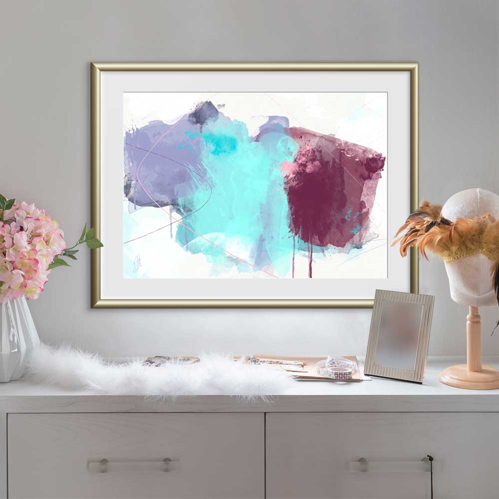 Peeking Through Frost fine art print by Jayne Leighton Herd. Beautiful violet, turquoise & burgundy abstract artwork. Perfect art for bedrooms, homes and offices.