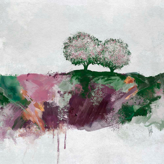 Plum purple, pink & green landscape painting - serene blossom trees art - Poetic Dancing by Jayne Leighton Herd