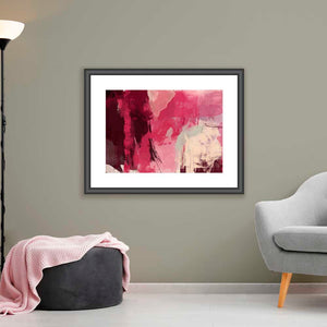 Red Alert fine art print by Jayne Leighton Herd. Raspberry red, burgundy & cream abstract artwork with pops of pale green. Beautiful art for living rooms, homes and offices.