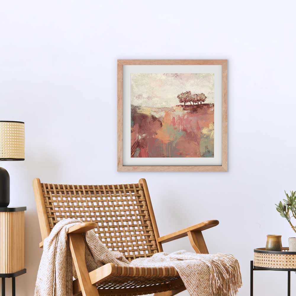 Spring Dance III - orange square semi-abstract landscape fine art print by Jayne Leighton Herd.  Tree art ideal for living spaces and bedrooms.