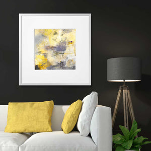 Summer Notes square yellow and grey abstract art print by Jayne Leighton Herd. Artwork for living rooms.
