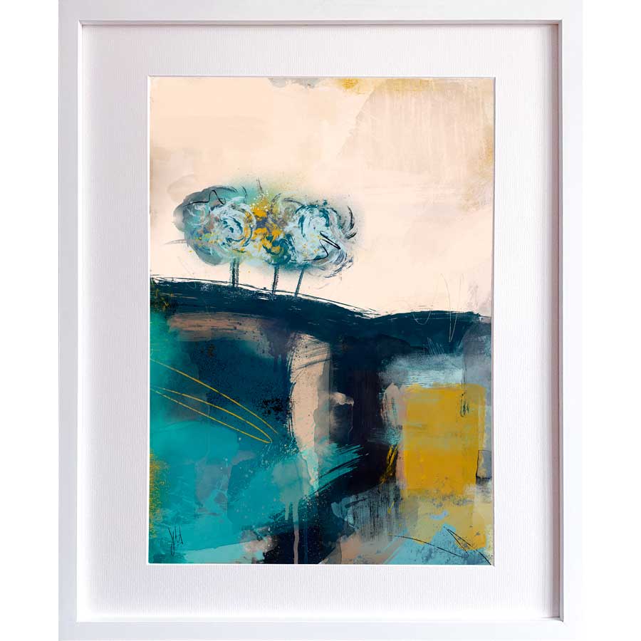 Framed original turquoise, green & mustard yellow abstract treescape landscape painting - Woodland Waltz by Jayne Leighton Herd
