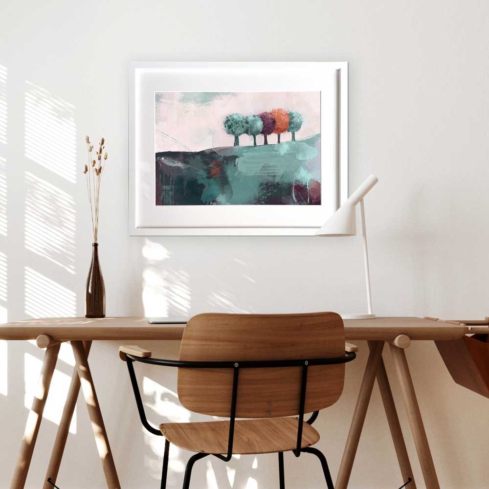 Green semi-abstract landscape fine art print - There’s Always One by Jayne Leighton Herd. Treescape artwork perfect for living spaces and offices.