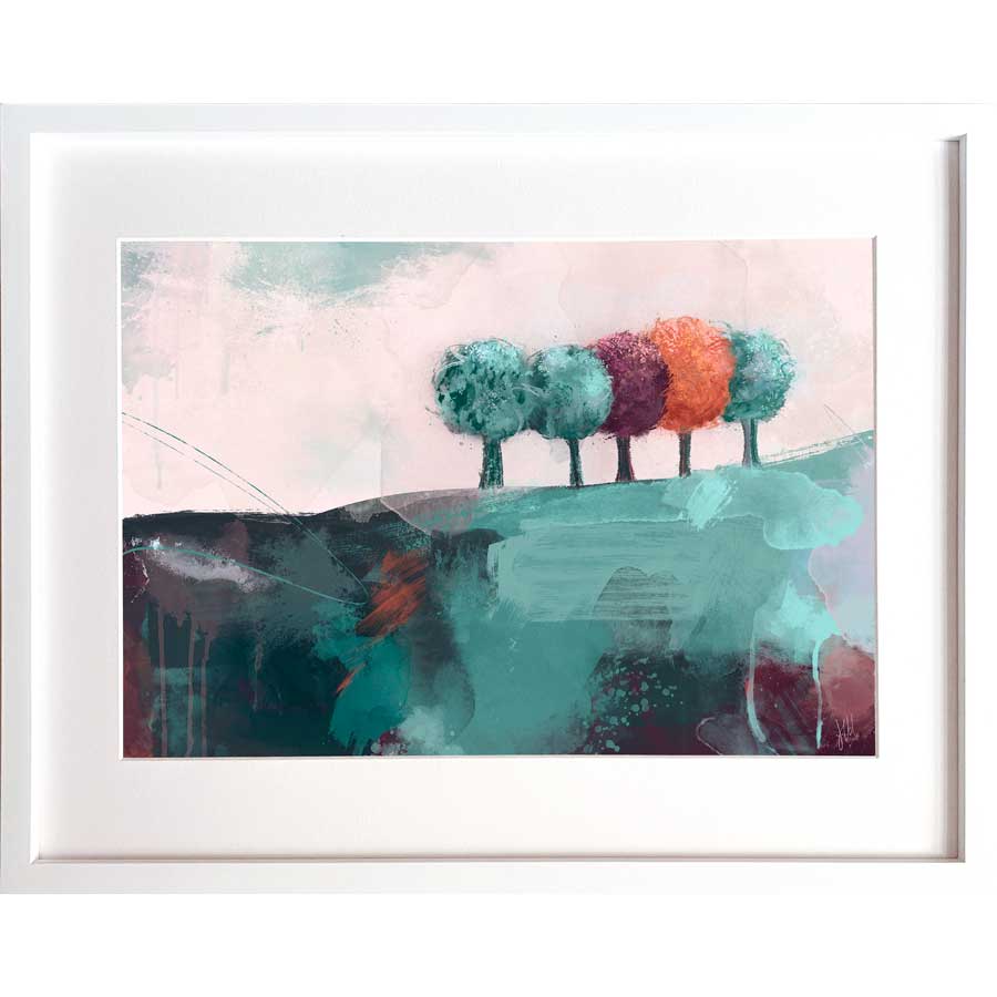 Framed original green & orange abstract treescape landscape painting - There’s Always One by Jayne Leighton Herd
