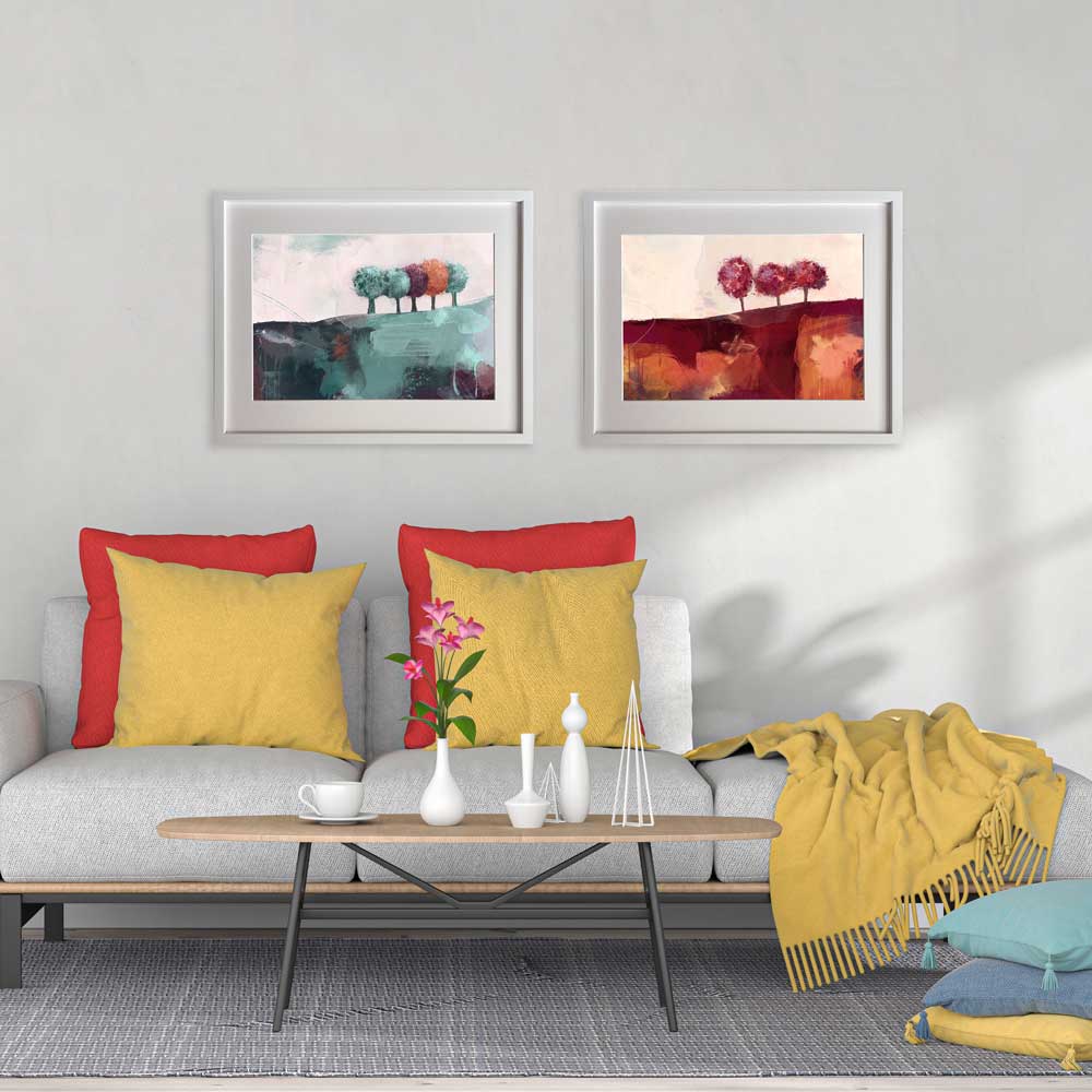 Orange & red semi-abstract landscape fine art print - Freshly Squeezed Morning by Jayne Leighton Herd. Treescape artwork perfect for living spaces.