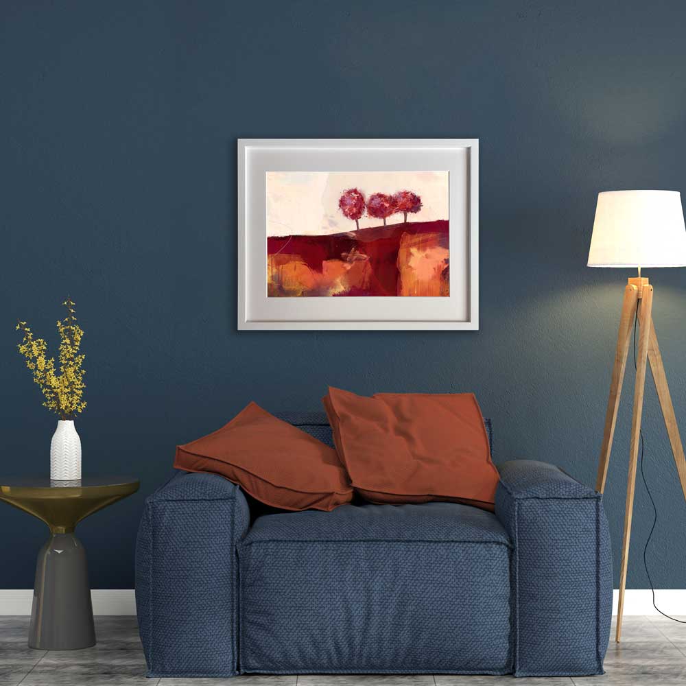 Orange & red semi-abstract landscape fine art print - Freshly Squeezed Morning by Jayne Leighton Herd. Treescape artwork perfect for living spaces and offices.