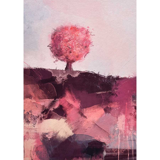 original pink abstract treescape landscape painting - Take Me to a Happy Place by Jayne Leighton Herd