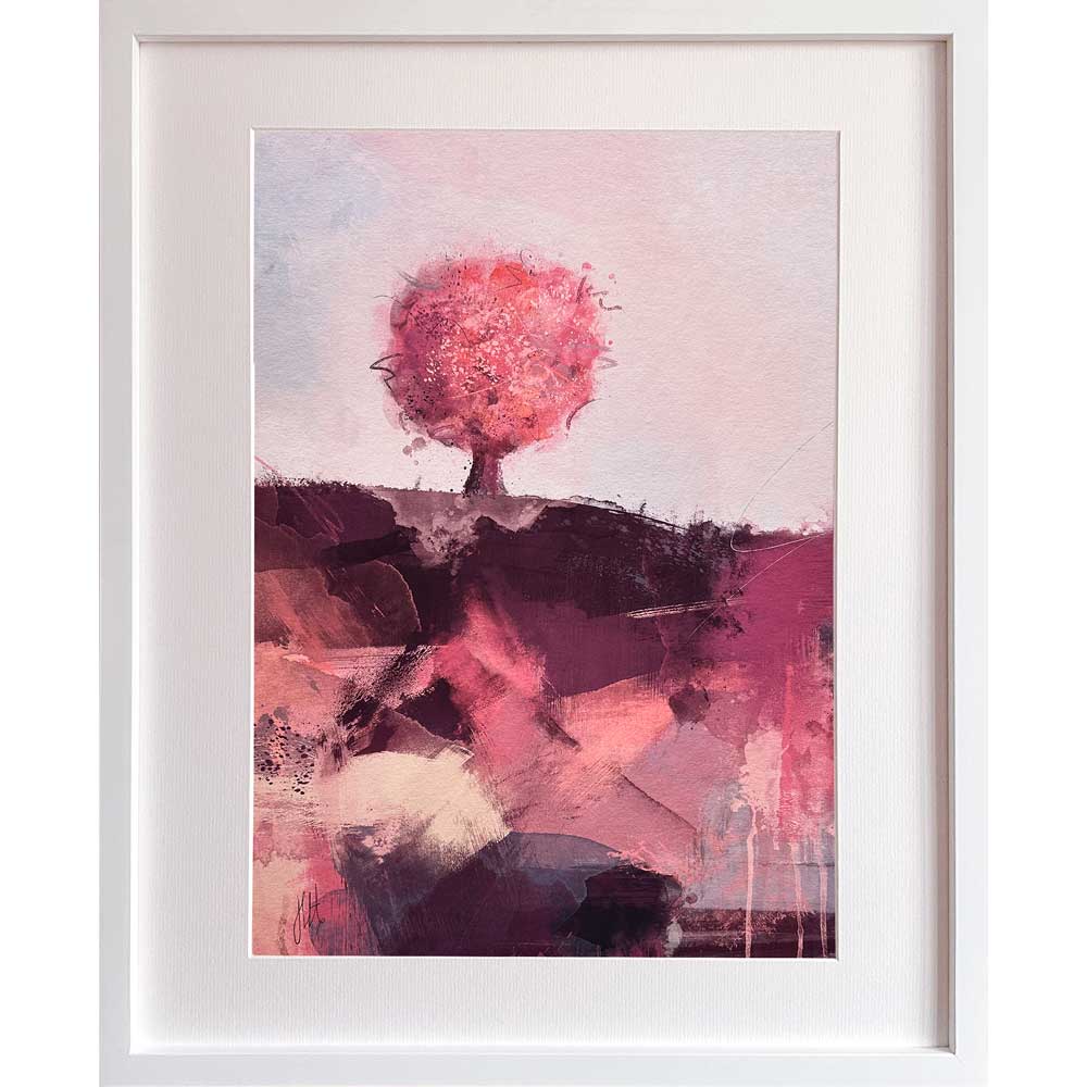 Framed original pink abstract treescape landscape painting - Take Me to a Happy Place by Jayne Leighton Herd