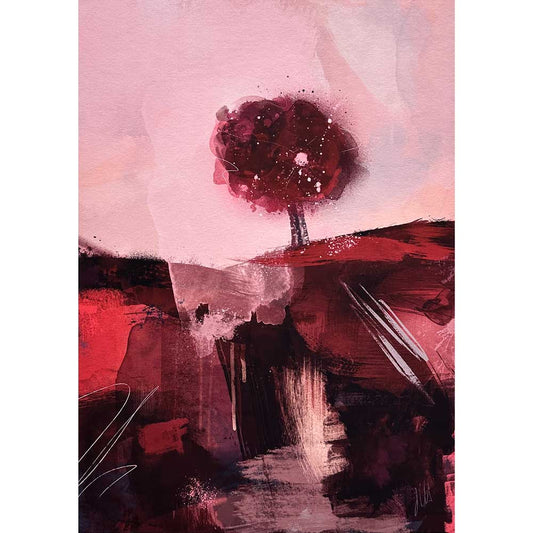 original red & pink abstract treescape landscape painting - Red Sky At Night by Jayne Leighton Herd