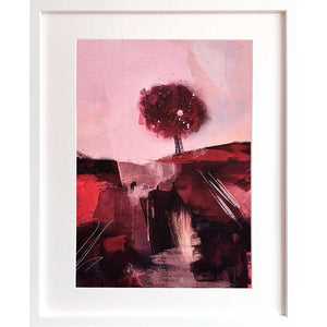 Framed original red & pink abstract treescape landscape painting - Red Sky At Night by Jayne Leighton Herd