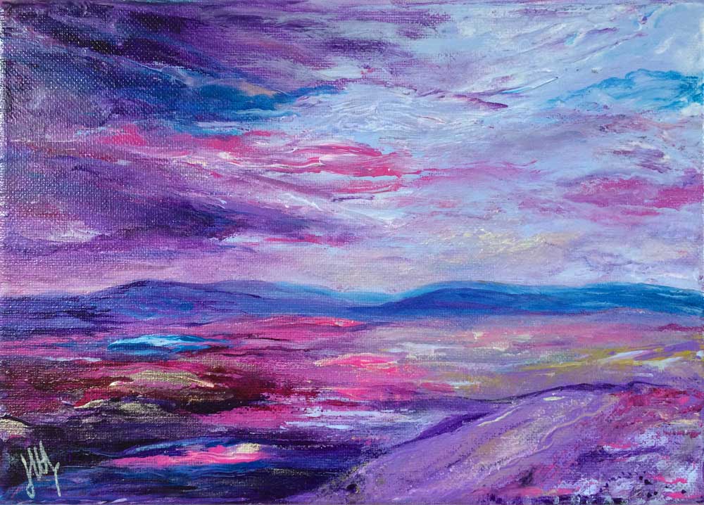 Purple & blue Scottish abstract landscape painting on canvas, framed - Jayne Leighton Herd Art & Design
