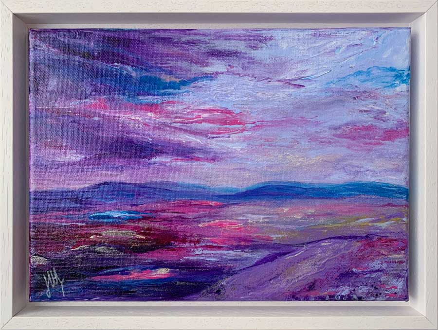 Framed purple & blue Scottish abstract landscape painting on canvas - Jayne Leighton Herd Art & Design