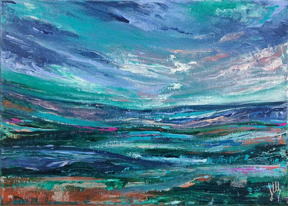 Framed green. teal & blue Scottish abstract landscape painting - Alba V by Jayne Leighton Herd