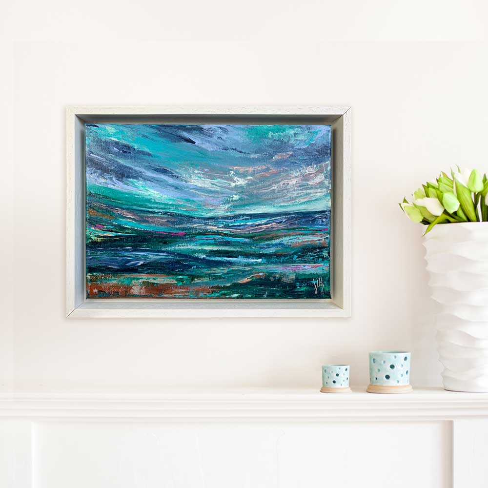 Framed green. teal & blue Scottish abstract landscape painting - Alba V by Jayne Leighton Herd