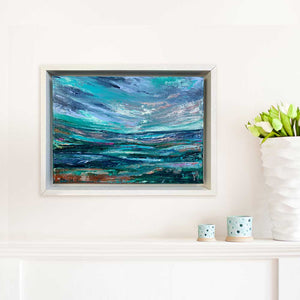 Framed green. teal & blue Scottish abstract landscape painting - Alba V by Jayne Leighton Herd