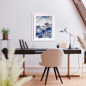 Art for homes & offices - blue semi abstract landscape trees painting - Here Comes The Rain Again by Jayne Leighton Herd