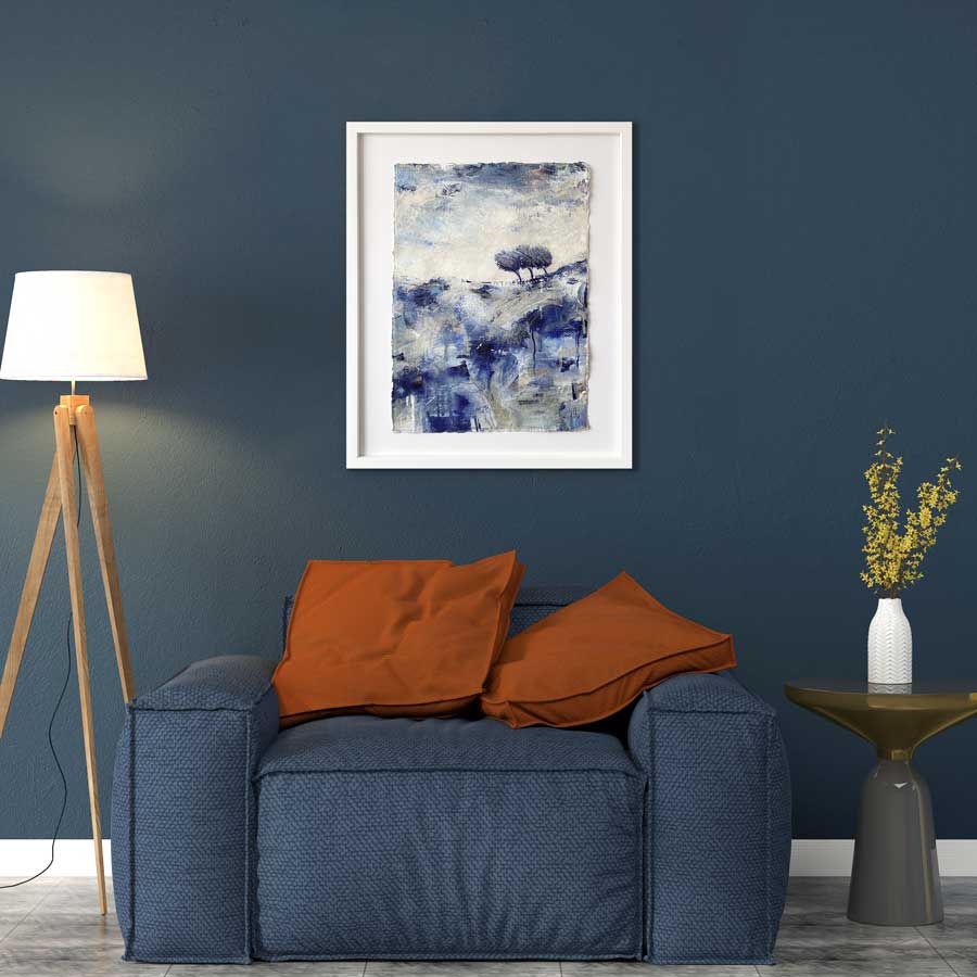 Framed Living room art - blue original treescape landscape painting - Here Comes The Rain Again by Jayne Leighton Herd