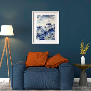 Framed Living room art - blue original treescape landscape painting - Here Comes The Rain Again by Jayne Leighton Herd