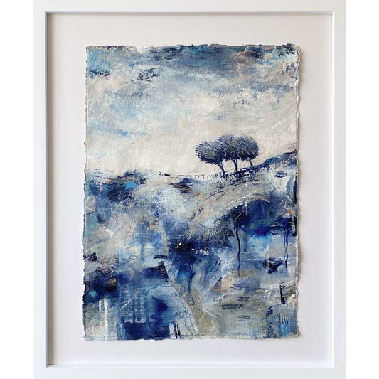 Framed original blue abstract treescape landscape painting - Here Comes The Rain Again by Jayne Leighton Herd