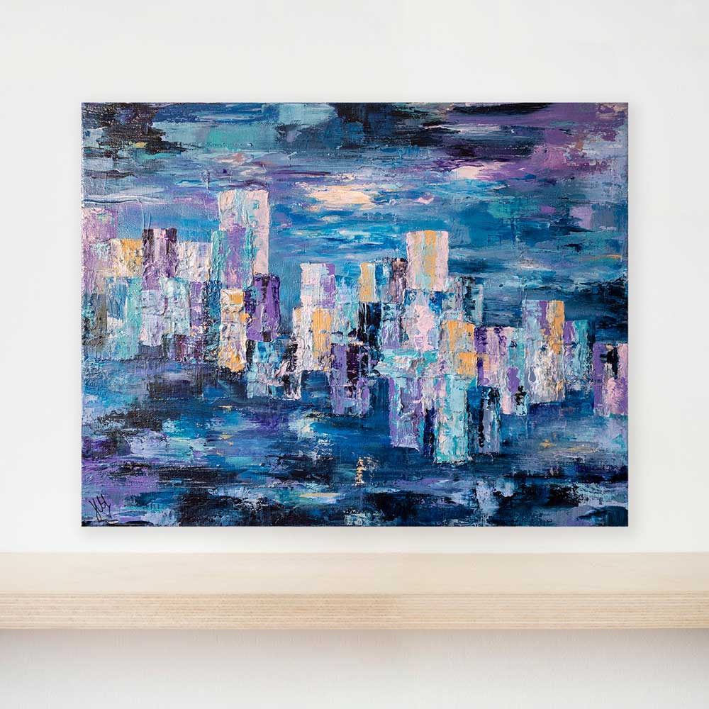 Blue textured abstract cityscape skyline painting on canvas - City Life I by Jayne Leighton Herd