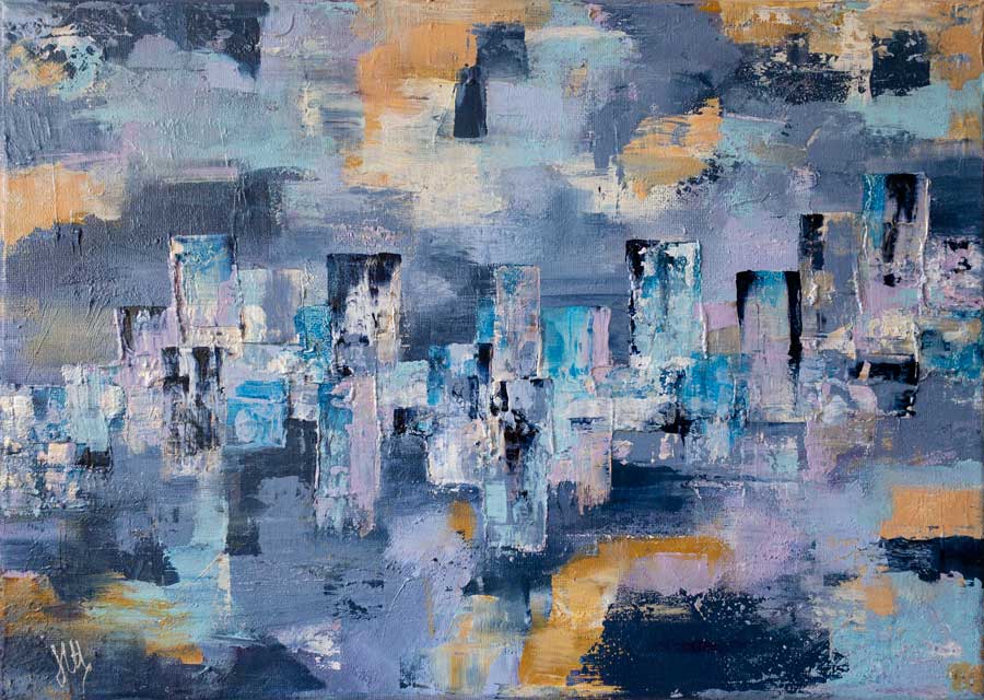Purple & blue textured abstract cityscape skyline painting on canvas - City Life II by Jayne Leighton Herd