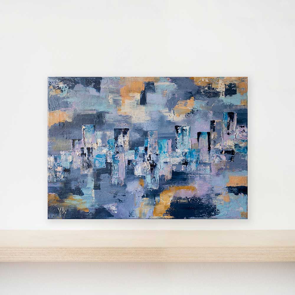 Purple & blue textured abstract cityscape skyline painting on canvas - City Life II by Jayne Leighton Herd