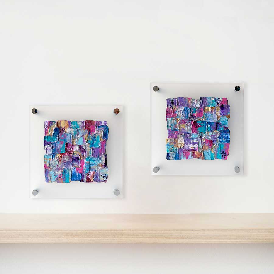 'Colour Burst': set of two colourful abstract paintings on frosted plexiglass, contemporary art on glass, paintings on perspex glass